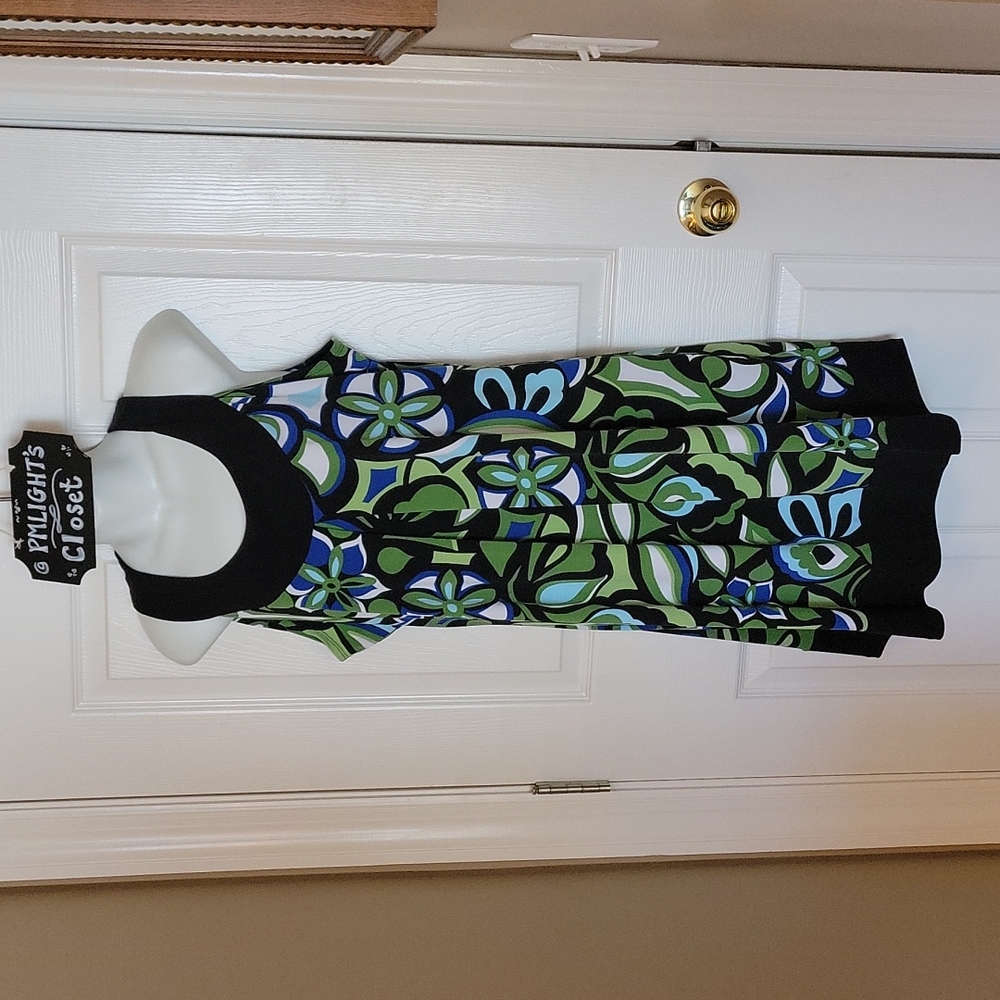 Enfocus Studio 14 Dress Tunic Sleeveless Black Blue Green White Floral